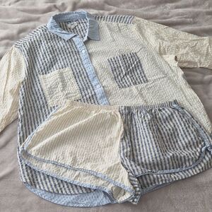 Aerie Blue and Cream Striped Women's Button Down Shirt and Shorts Set